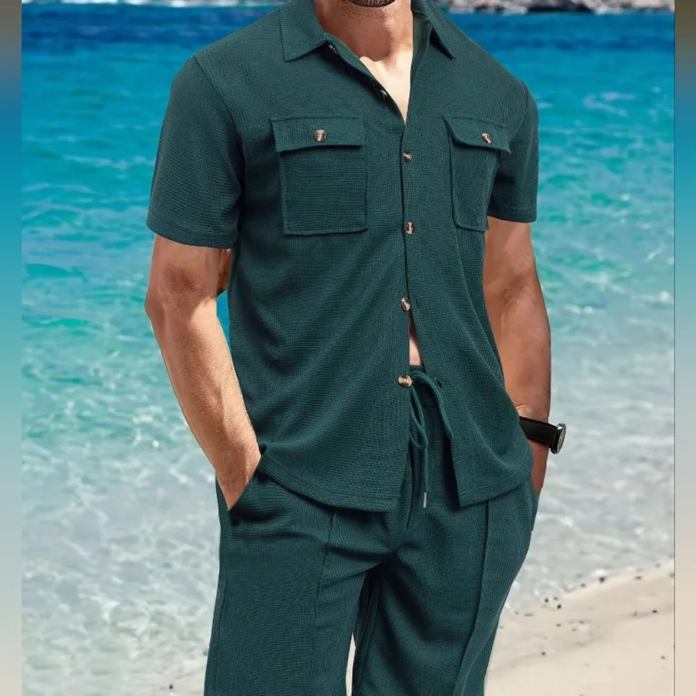 Men's Black Button Down Shirt and Shorts Set